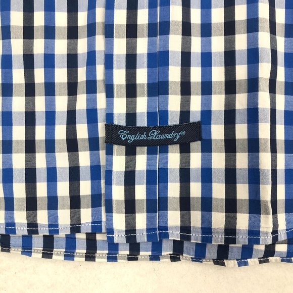 English Laundry Men's Size 16.5 (34/35) Blue White Checkered Button Down Shirt - Picture 4 of 11